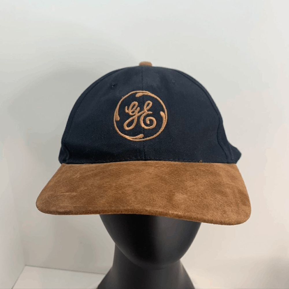 Vintage KC Collections Strap Back General Electric Hat Cap Black‎ Brown Suede